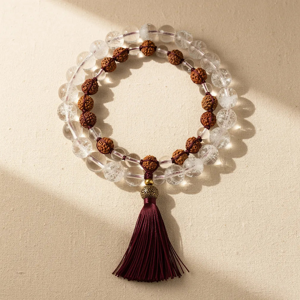 Rudraksha and Sphatik Mala 108+1 beads — hero product shot | Salico