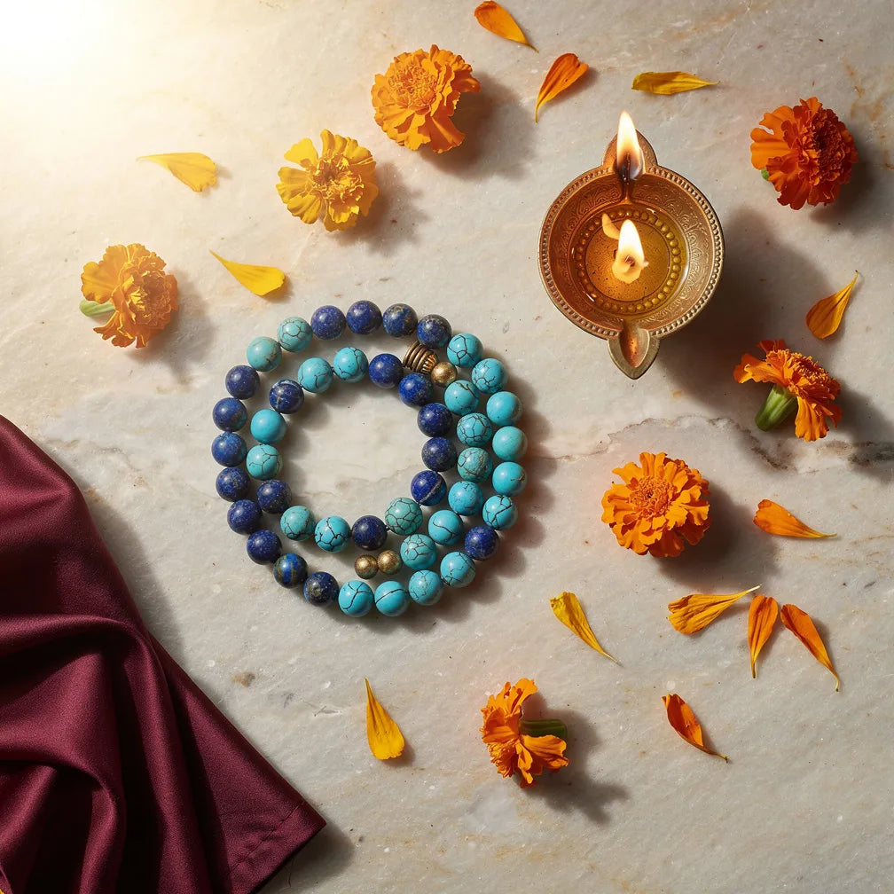 Dhanu Rashi Band with diya — ritual flat-lay | Salico
