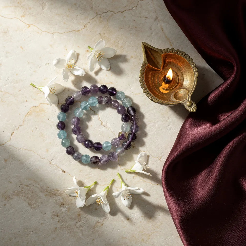 Meen Rashi Band with diya and jasmine — ritual flat-lay | Salico