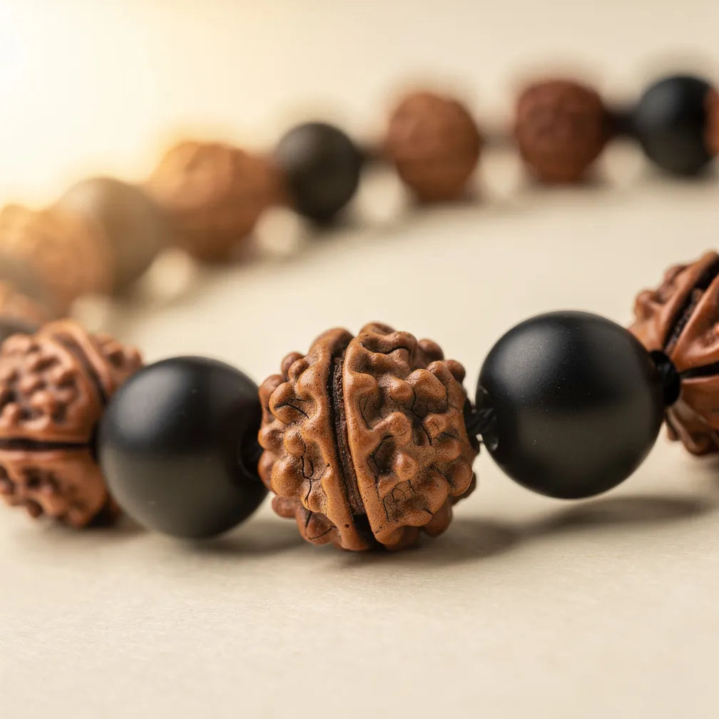 Rudraksha and black onyx texture close-up | Salico