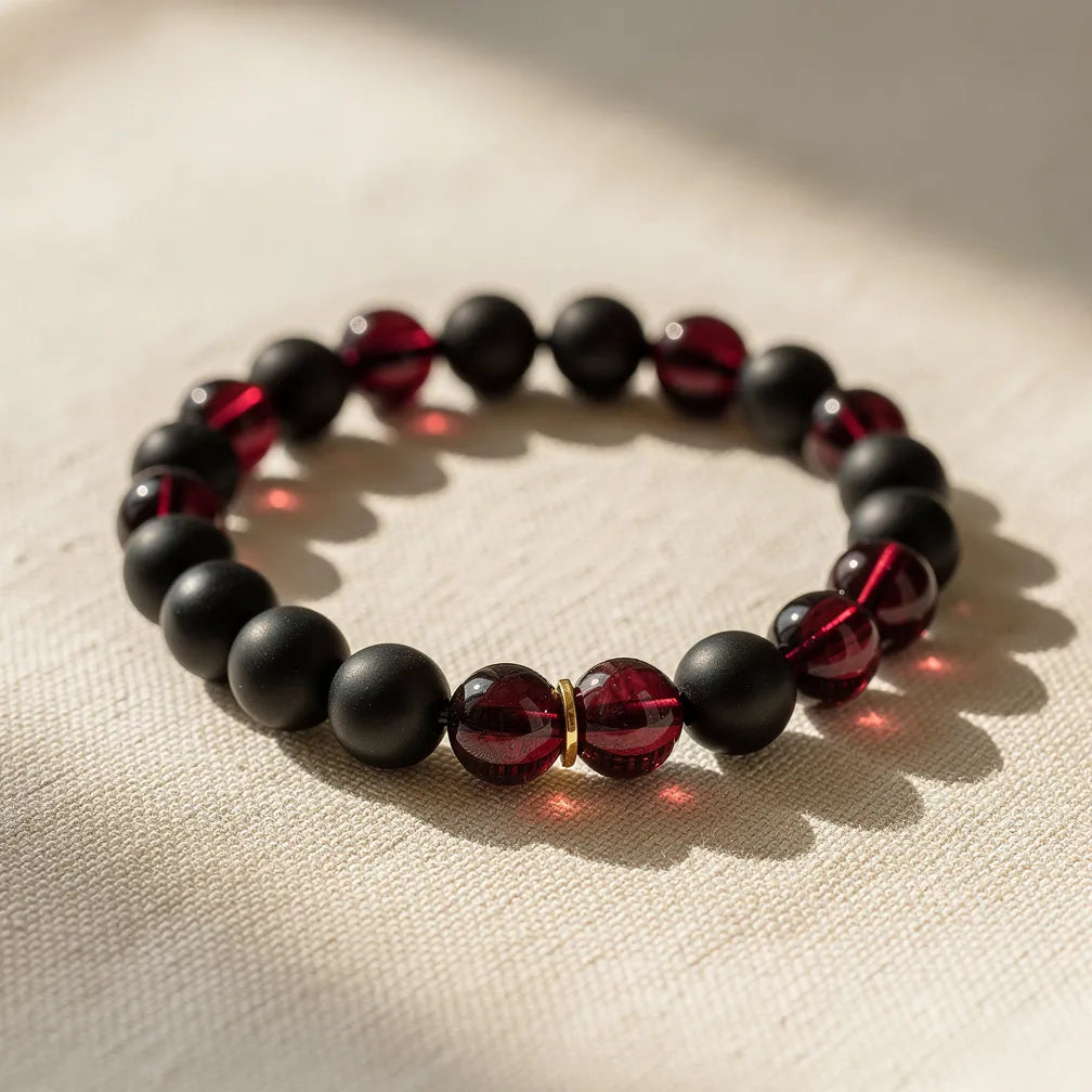 Vrishchik Scorpio Rashi Band onyx garnet — hero product shot | Salico