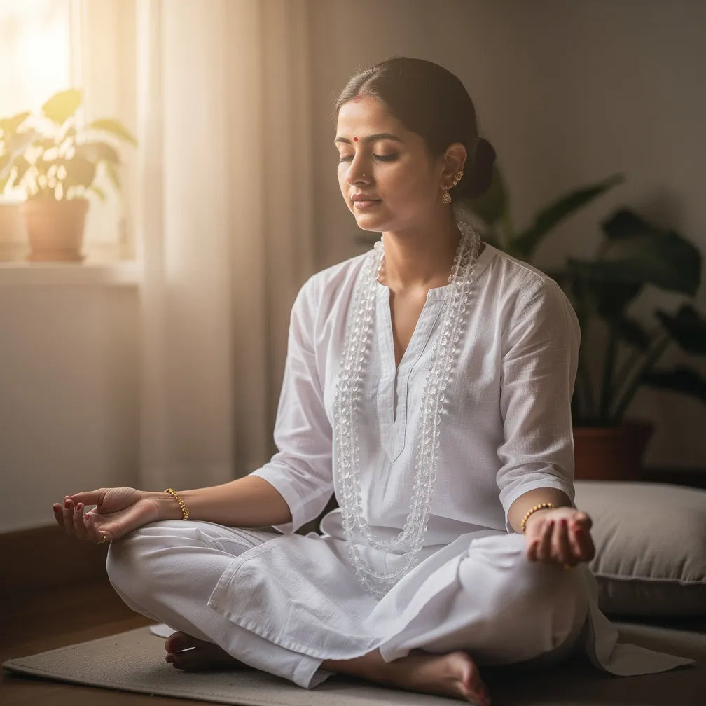 Sphatik Mala worn at morning prayer — lifestyle | Salico
