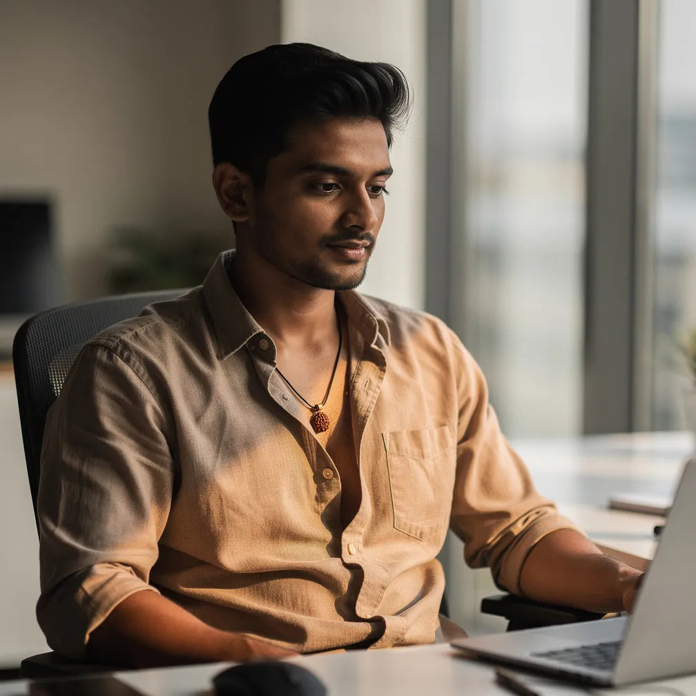 Saat Mukhi Rudraksha Pendant worn at work — lifestyle | Salico