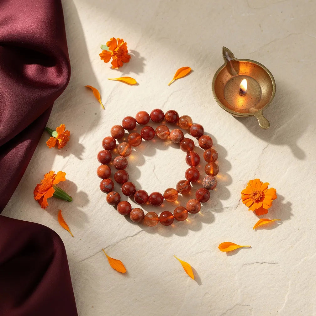 Mesh Rashi Band with diya and marigold — ritual flat-lay | Salico
