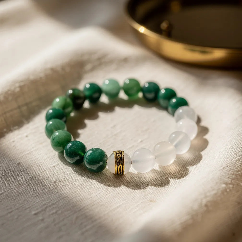 Mithun Gemini Rashi Band aventurine milky quartz — hero product shot | Salico
