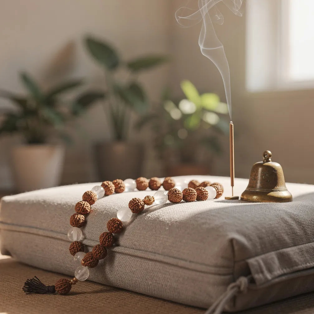 Rudraksha Sphatik Mala in meditation space — lifestyle | Salico