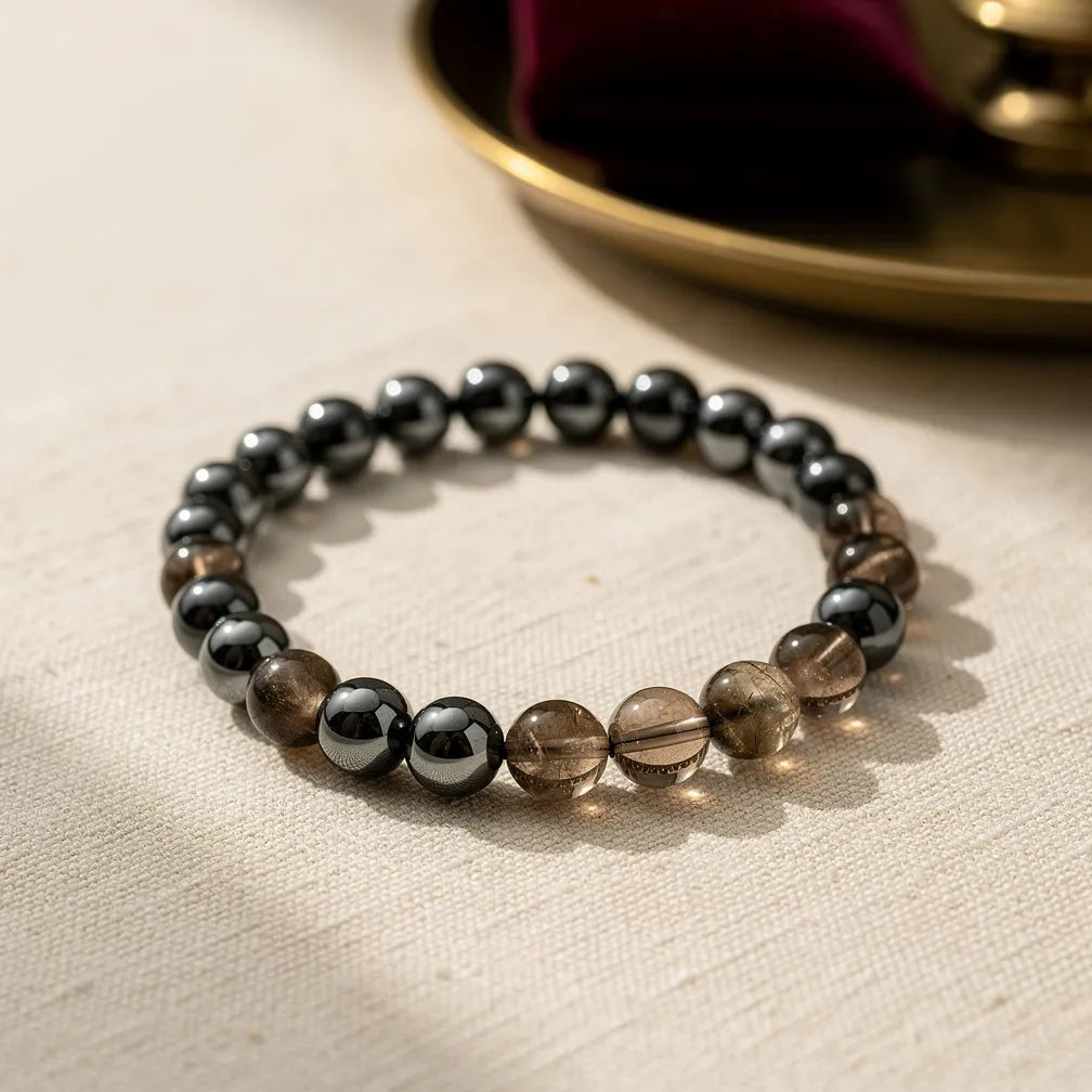Makar Capricorn Rashi Band hematite smoky quartz — hero product shot | Salico