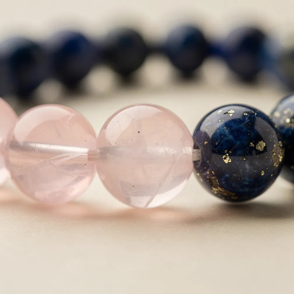 Texture detail of Tula (Libra) Rashi Band — Rose Quartz & Lapis