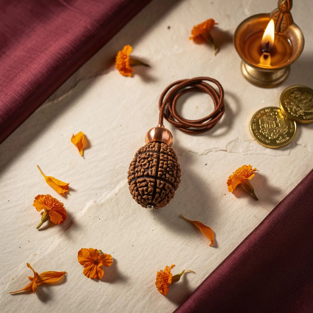 Saat Mukhi Rudraksha Pendant — prosperity ritual flat-lay | Salico