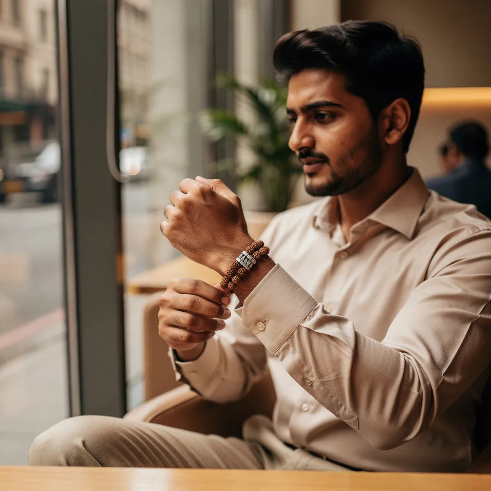 Silver Eclipse Rudraksha Bracelet worn at a cafe — lifestyle | Salico