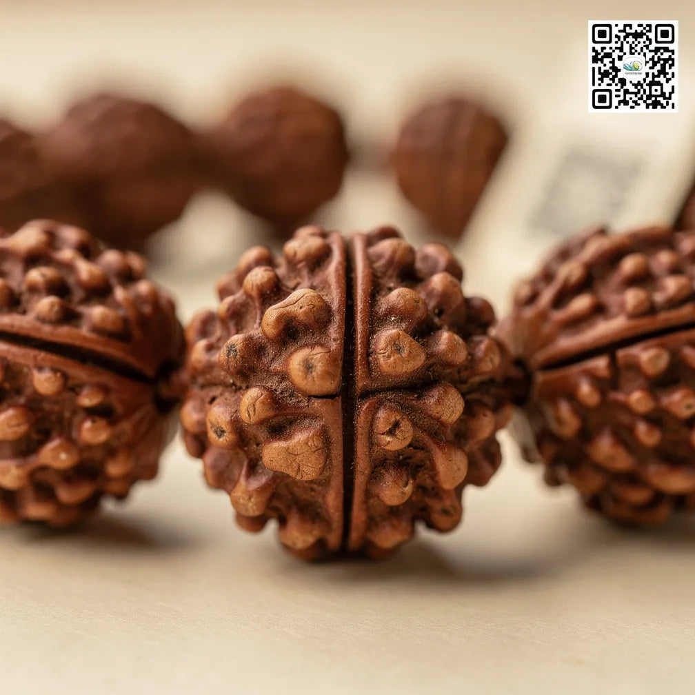 Five mukhi rudraksha bead texture close-up with QR certification tag | Salico