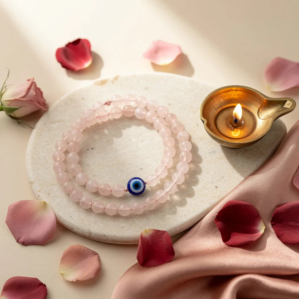 Evil Eye Rose Quartz Band with diya — ritual flat-lay | Salico