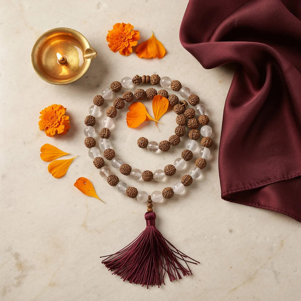 Rudraksha Sphatik Mala with diya and marigold — morning ritual | Salico