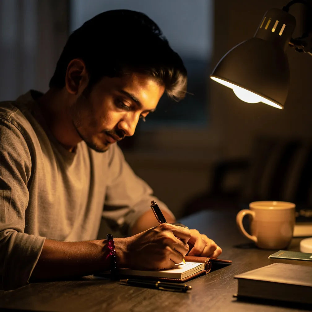 Vrishchik Rashi Band journaling at dusk — lifestyle | Salico