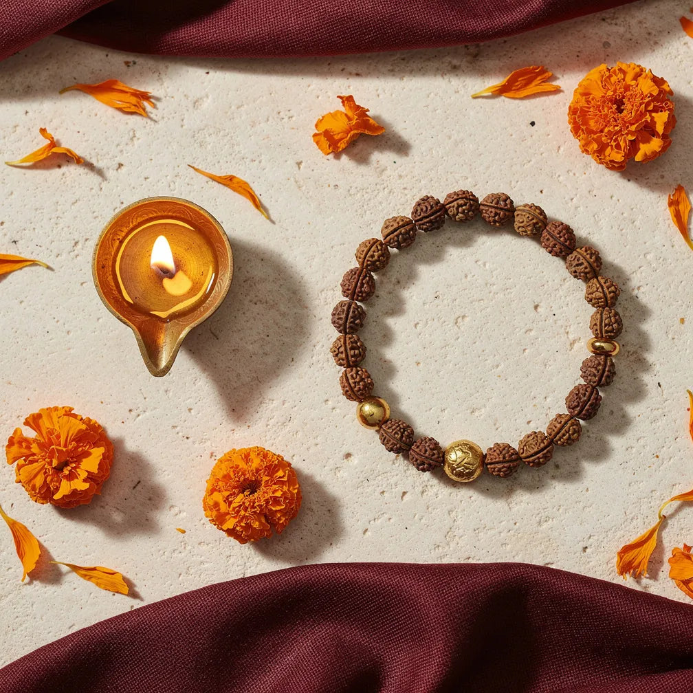 Golden Aura Rudraksha Bracelet with diya and marigold — morning ritual | Salico