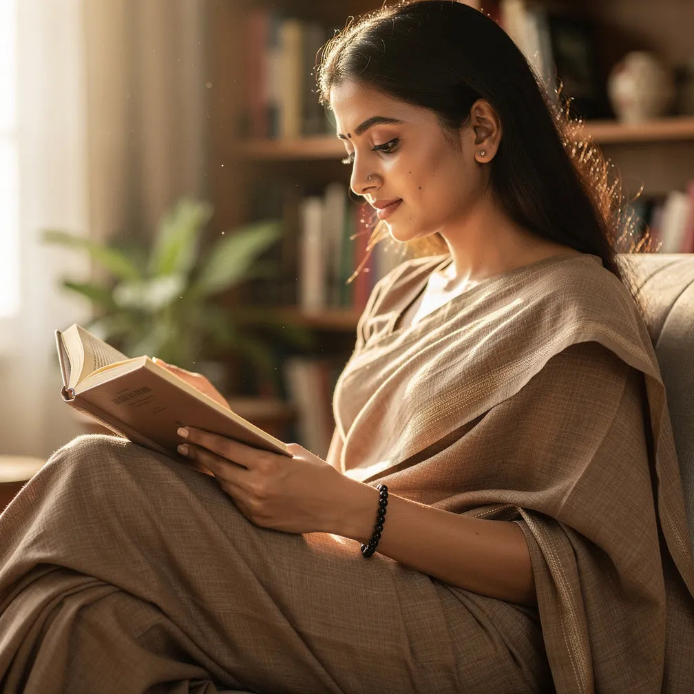 Karungali Slim Bracelet worn while reading — lifestyle | Salico