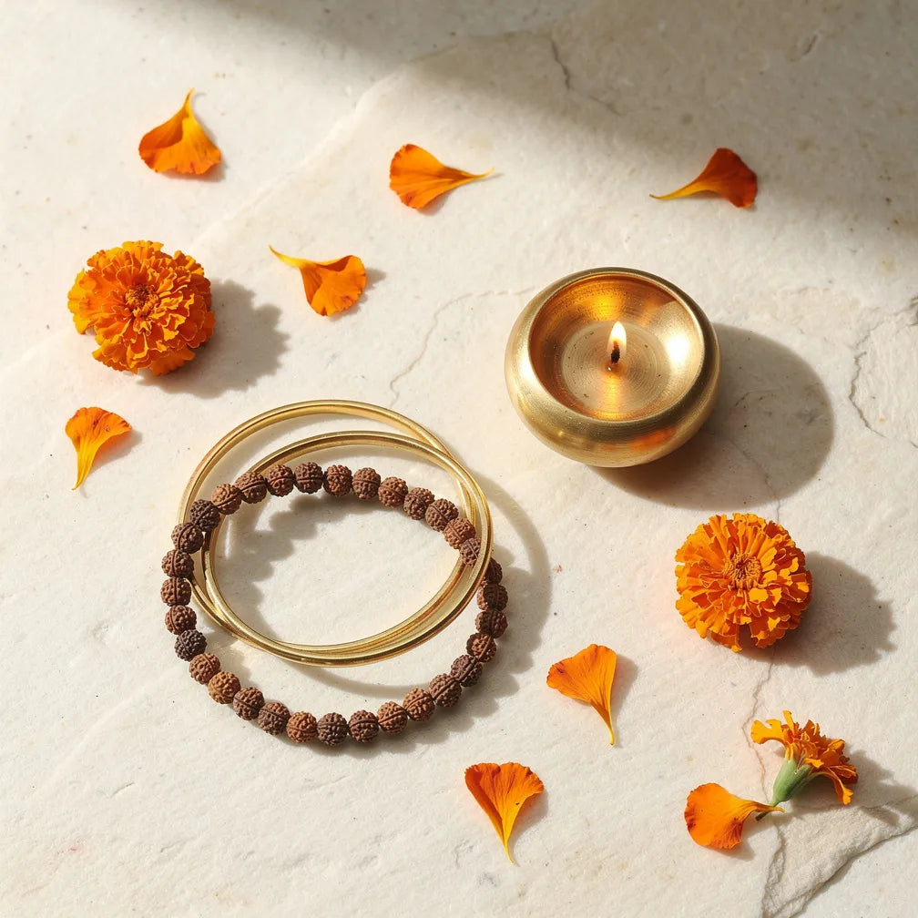 Slim Rudraksha Bracelet with diya — ritual flat-lay | Salico