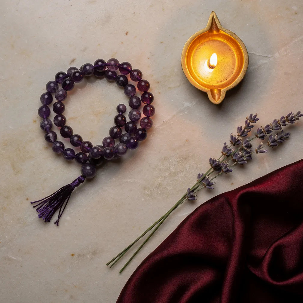 Amethyst Band with diya and lavender — ritual flat-lay | Salico