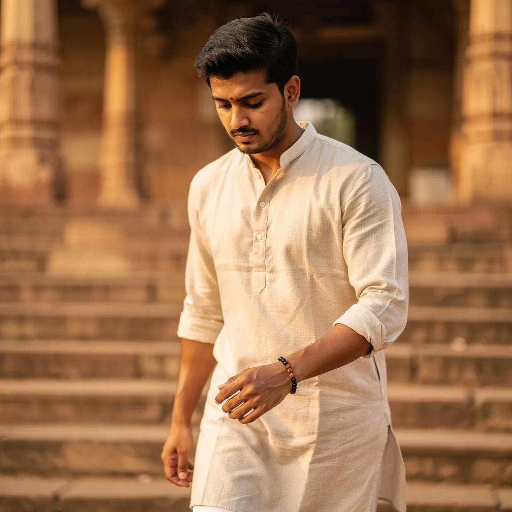 Karungali × Rudraksha Band at temple steps — lifestyle | Salico