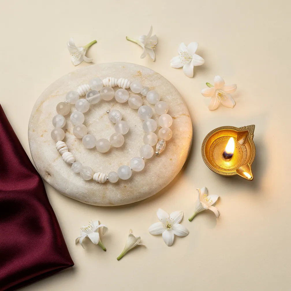 Kark Rashi Band with diya and jasmine — ritual flat-lay | Salico