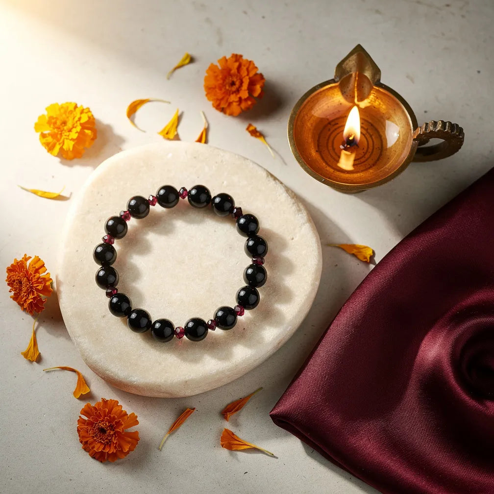 Vrishchik Rashi Band with diya — ritual flat-lay | Salico