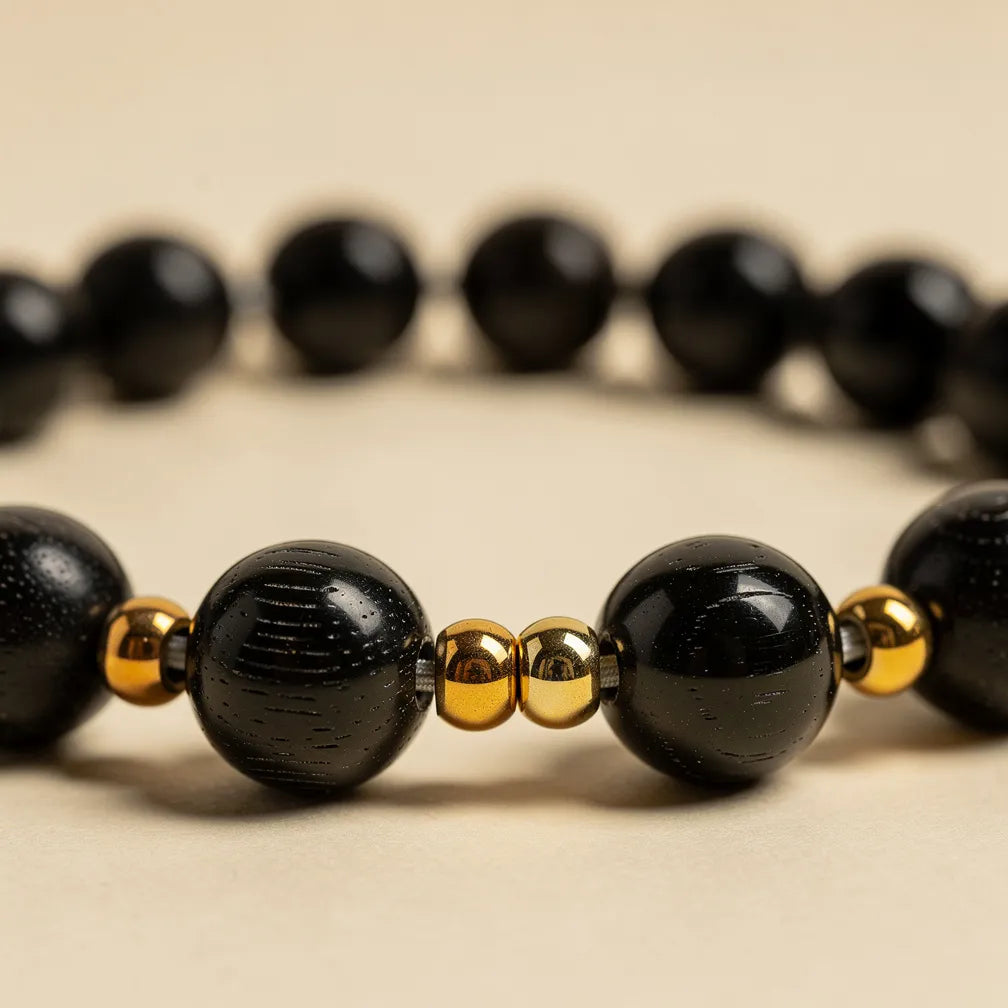 Ebony wood and gold bead texture close-up | Salico