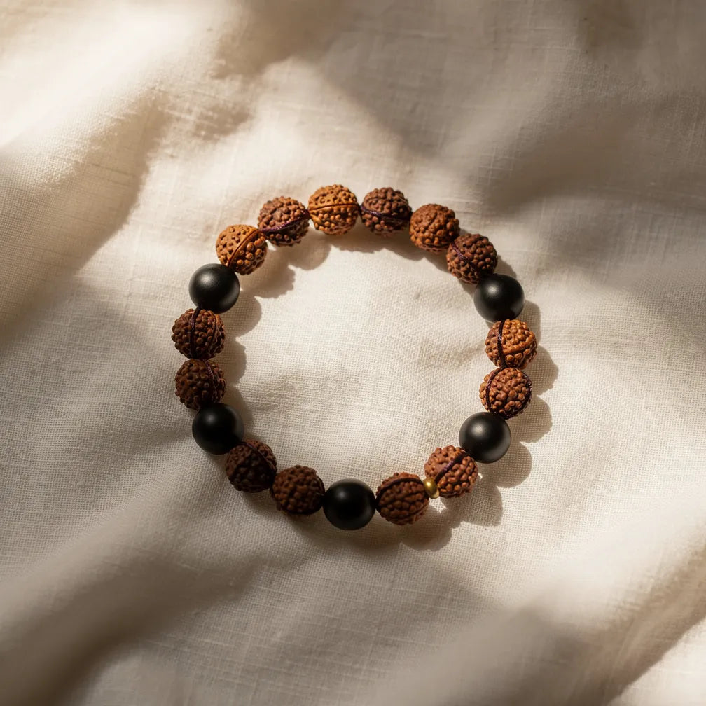 Nazar Raksha Band rudraksha and black onyx — hero product shot | Salico