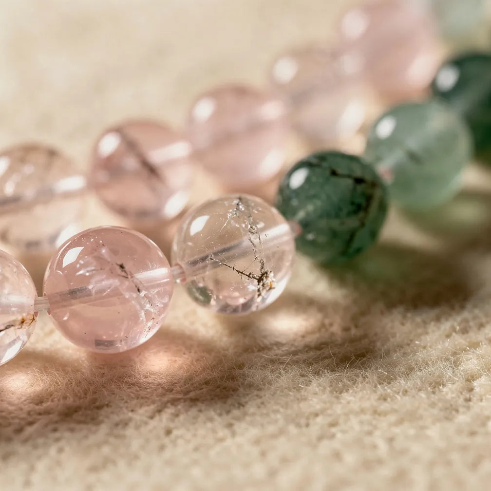 Texture detail of Vrishabh (Taurus) Rashi Band — Rose Quartz & Aventurine