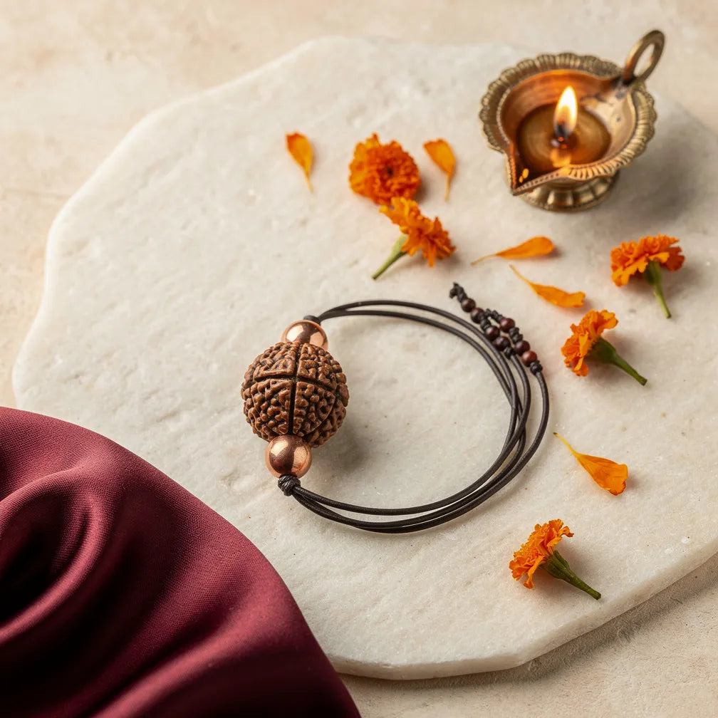 Chhe Mukhi Rudraksha Pendant with diya and marigold — ritual | Salico