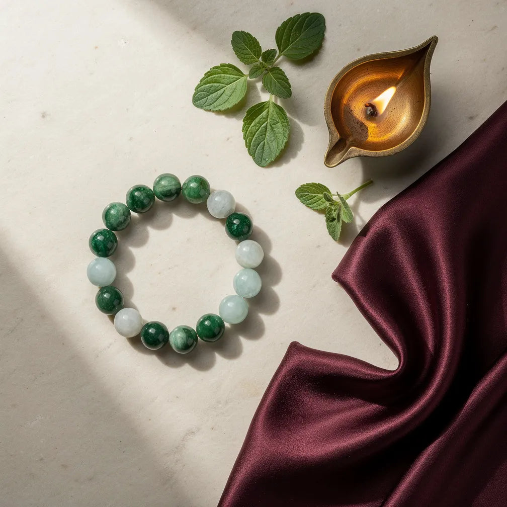 Kanya Rashi Band with diya and tulsi — ritual flat-lay | Salico