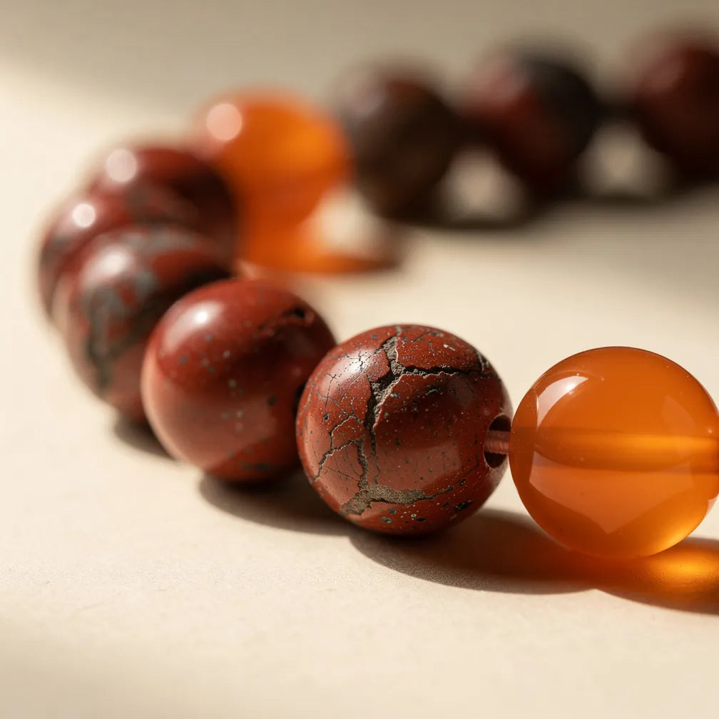 Texture detail of Mesh (Aries) Rashi Band — Red Jasper & Carnelian