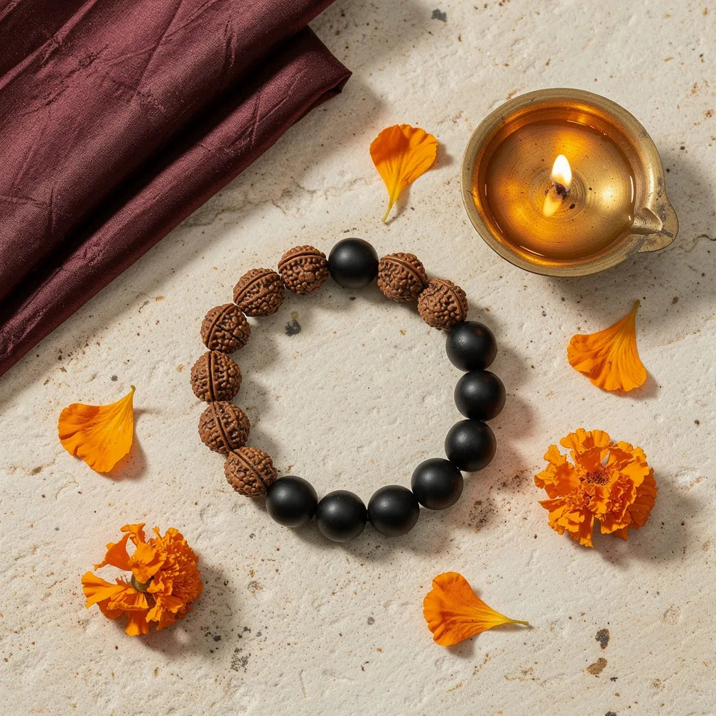 Nazar Raksha Band with diya and marigold — ritual flat-lay | Salico