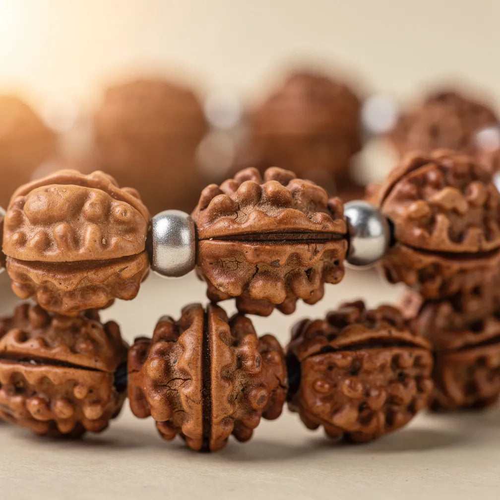 Rudraksha and silver bead texture close-up | Salico
