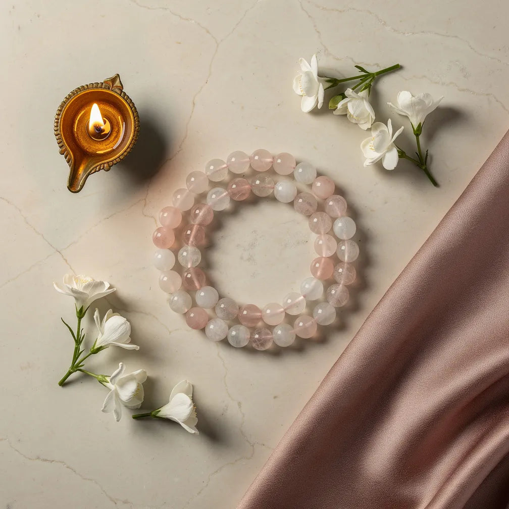 Moonstone Rose Quartz Duo with diya and jasmine — ritual flat-lay | Salico